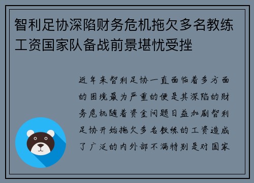 智利足协深陷财务危机拖欠多名教练工资国家队备战前景堪忧受挫 智利足协深陷财务危机拖欠多名教练工资国家队备战前景堪忧受挫