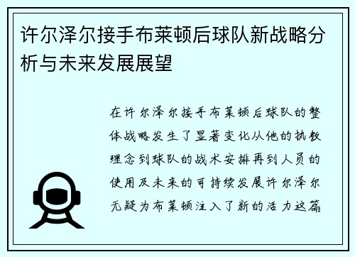 许尔泽尔接手布莱顿后球队新战略分析与未来发展展望